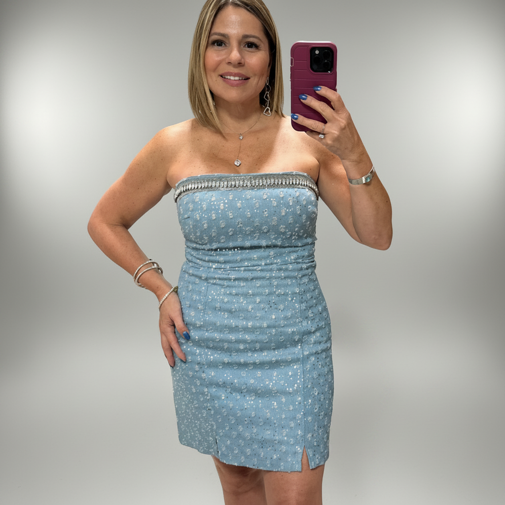 Denim Rhinestones Off Shoulder Dress