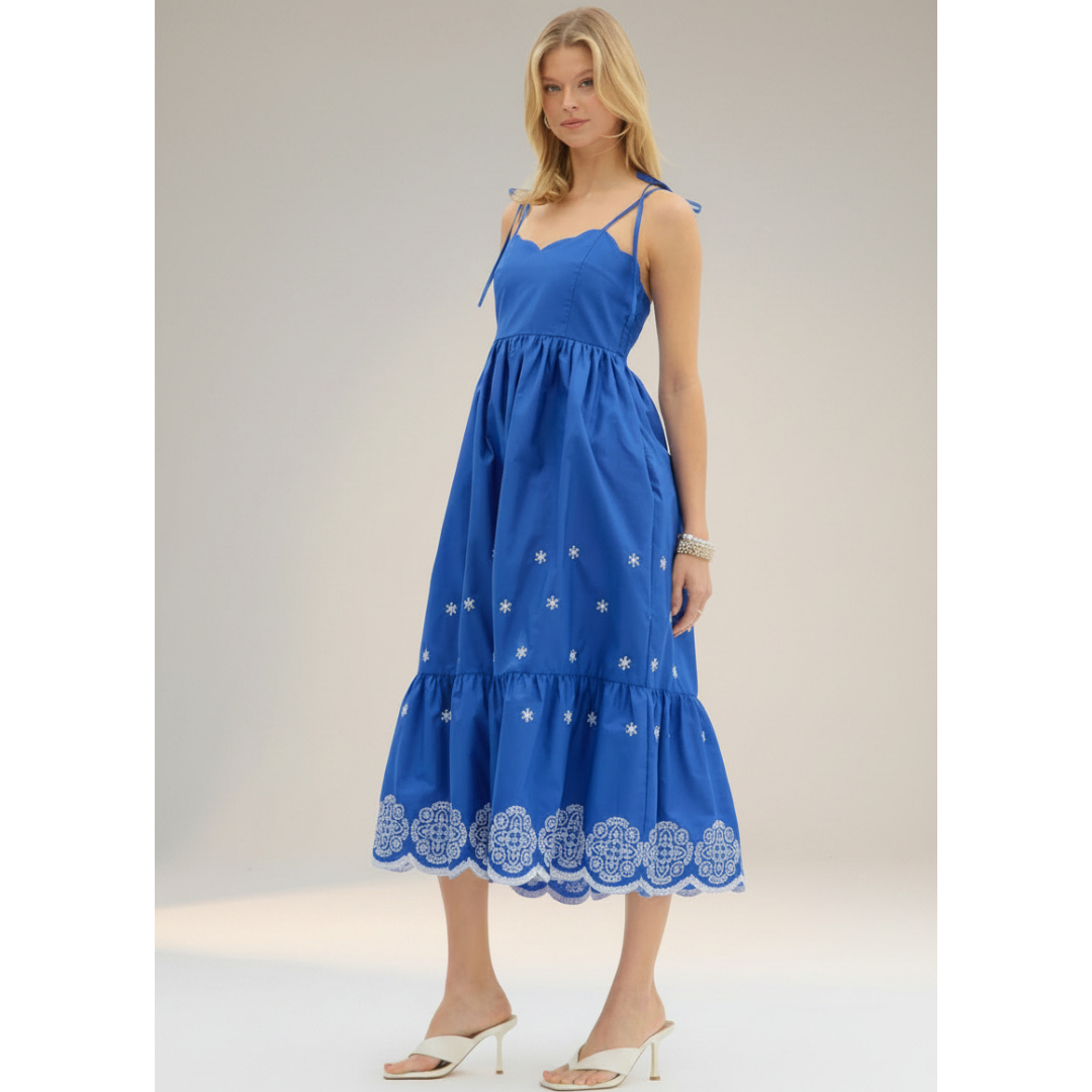 Blue Embroidered Midi Dress