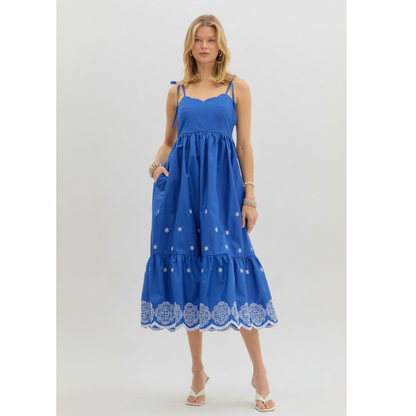 Blue Embroidered Midi Dress