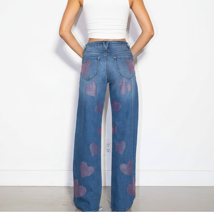 Pink Rhinestone Wide Jeans