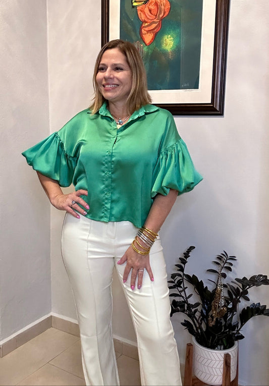 Satin Bubble Sleeve Shirt