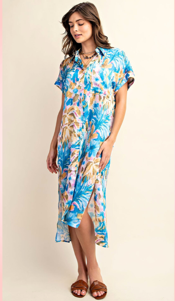 Print Button Down Shirt Dress