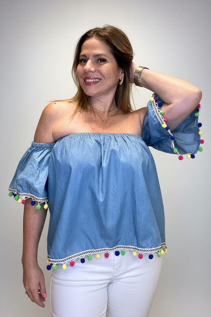 Light Denim Tassel Top