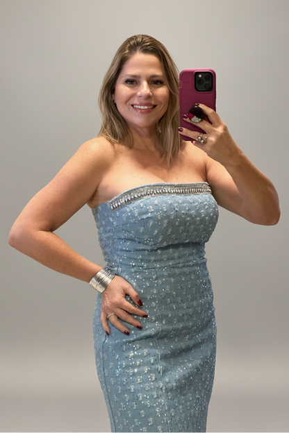 Denim Rhinestones Off Shoulder Dress