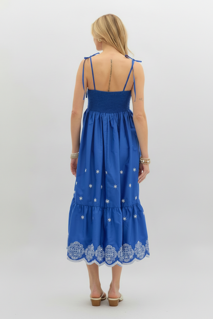 Blue Embroidered Midi Dress