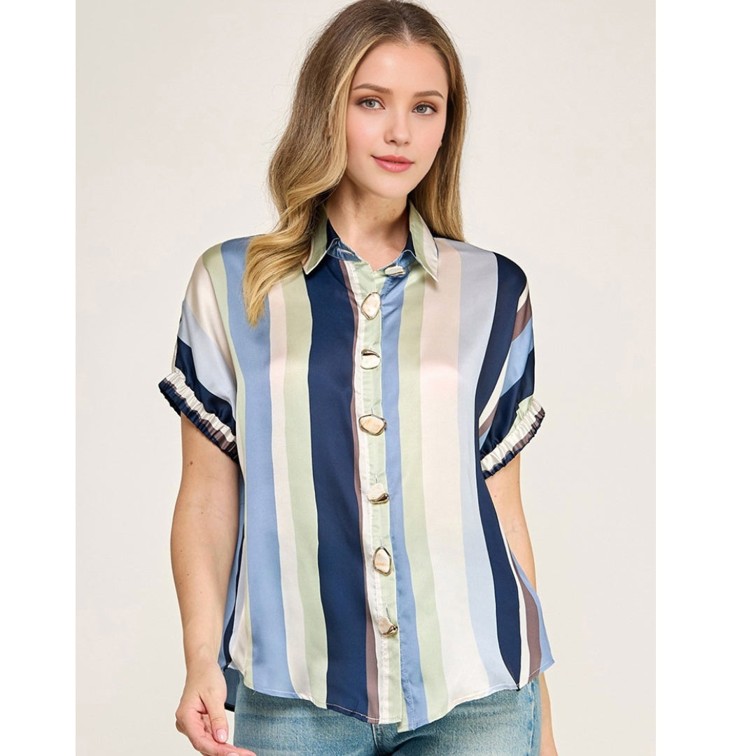 Button Accent Vertical Stripe Top