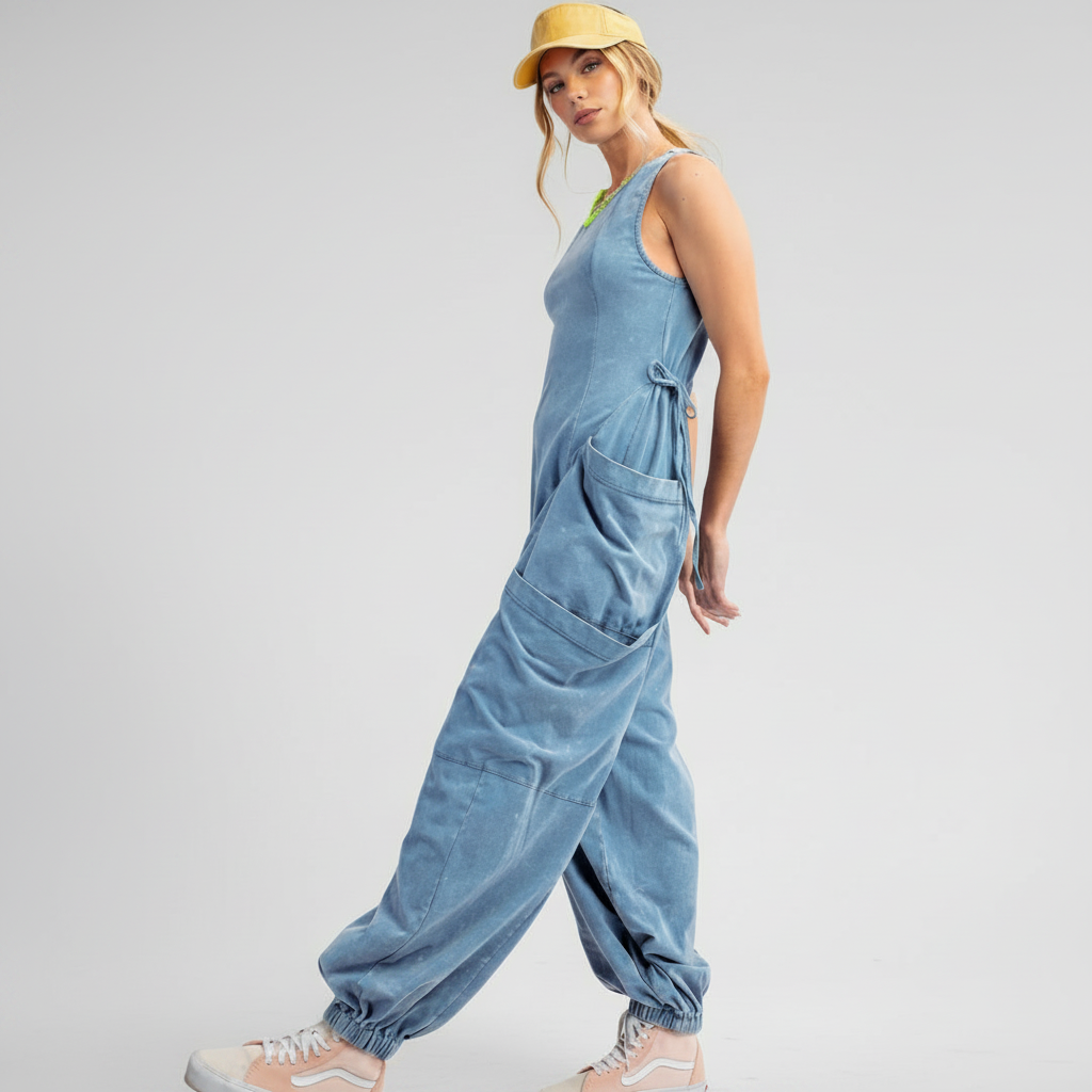 Sleeveless Washed Cargo Jumpsuit