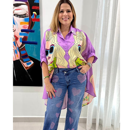 Pink Rhinestone Wide Jeans
