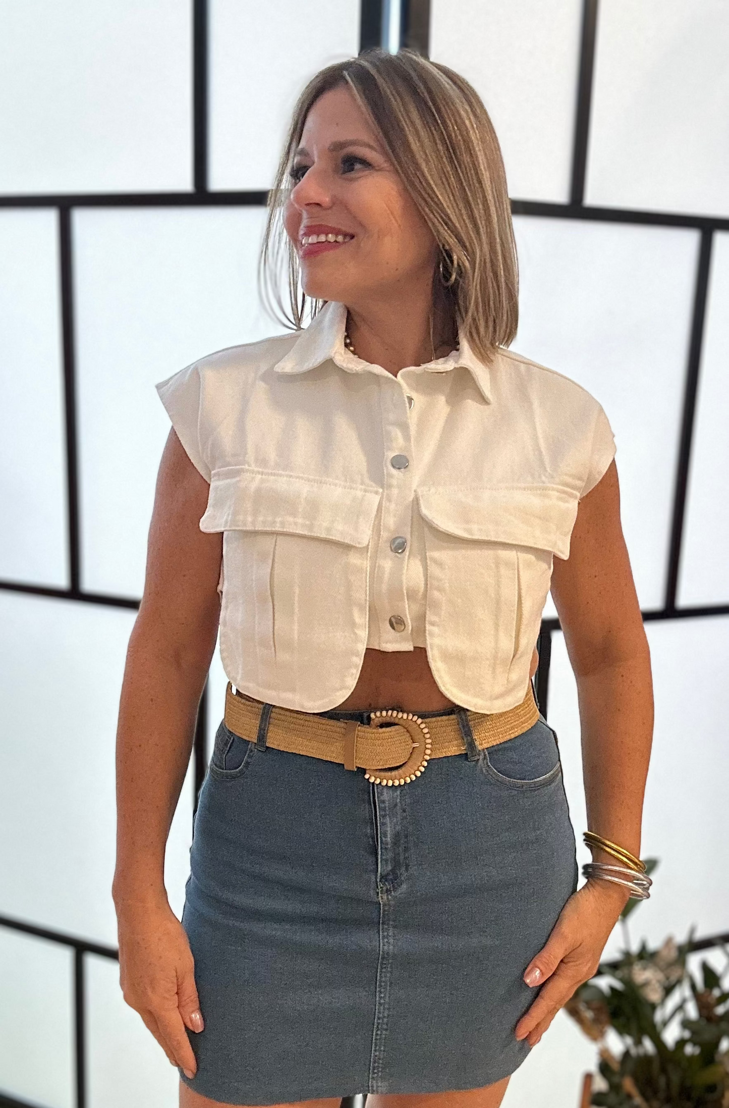 White Denim Crop Short Sleeve Top