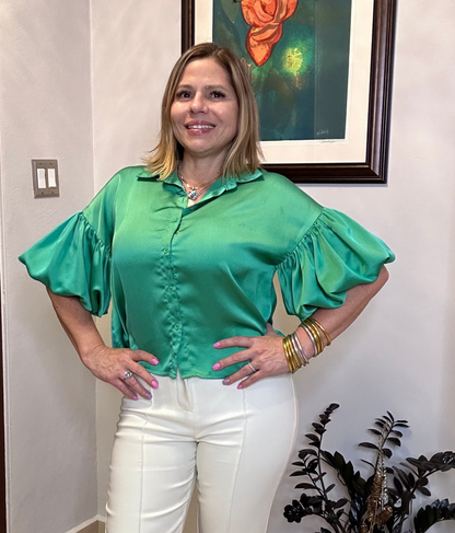 Satin Bubble Sleeve Shirt